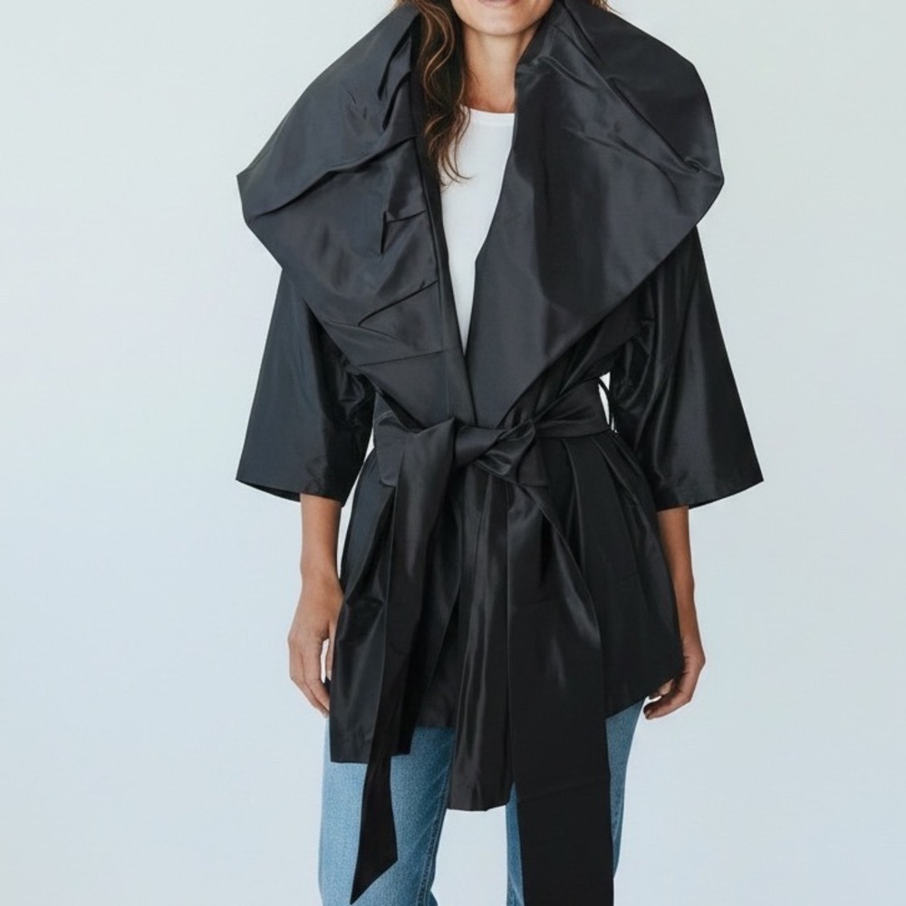 St John Evening Black Taffeta Wrap Jacket Portrait Collar Belted Size 16